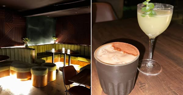 The Grasshopper Bar interior with dim-lit plush green booths and signature cocktails